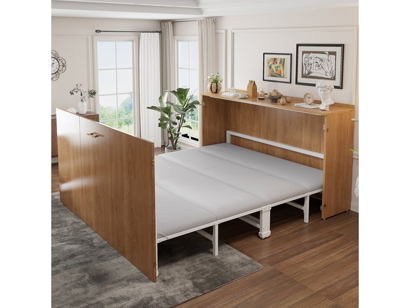  Lit escamotable 140x200 cm, lit d'appoint, cadre extensible sur roulettes, lin et métal  - Conforama C