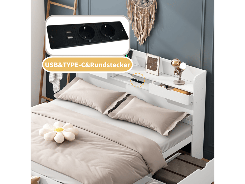  Lit enfant 140x190 cm, lit multifonction avec rangement, tiroirs et placard intégré, usb et type-c, bois blanc Radiant Stride - Conforama E