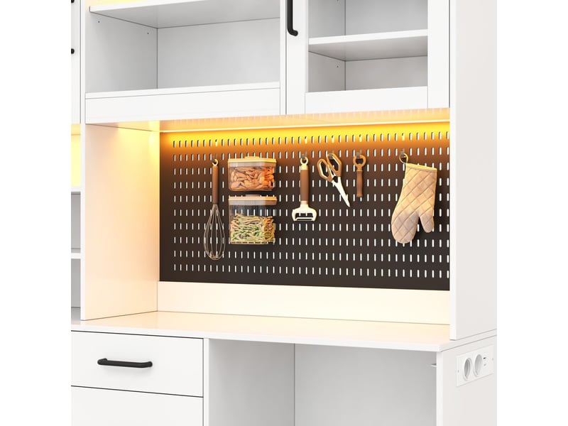  Buffet de cuisine 185 x 145 x 40 cm rangement 5 tiroirs étagères réglables prise intégrée éclairage led surface de travail panneau perforé blanc  - Conforama D