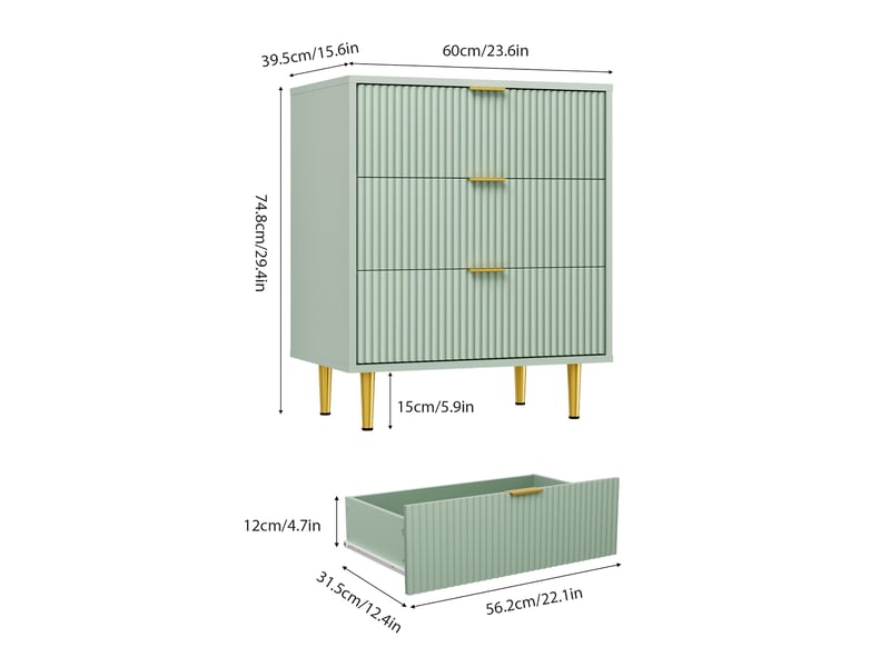  Commode moderne 3 tiroirs façade ondulée – rangement élégant, poignées et pieds dorés – pour chambre, salon ou entrée -vert PHK_35LRJ4BE - Conforama B