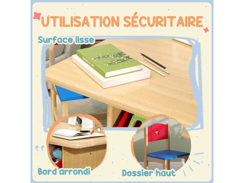  Table enfant avec 2 chaises ensemble table et chaises enfants 3 pièces en bois avec 4 bacs de bois rangement naturel  - Conforama W
