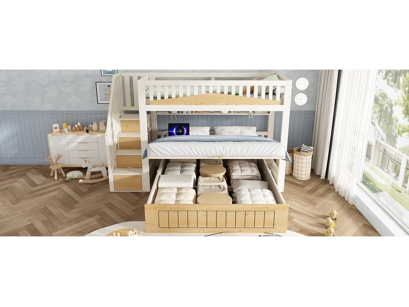  Lit mezzanine 90x200 cm et 140x200 cm avec rangement hydraulique, escalier, mdf, bois, métal, blanc et naturel sans matelas  - Conforama E