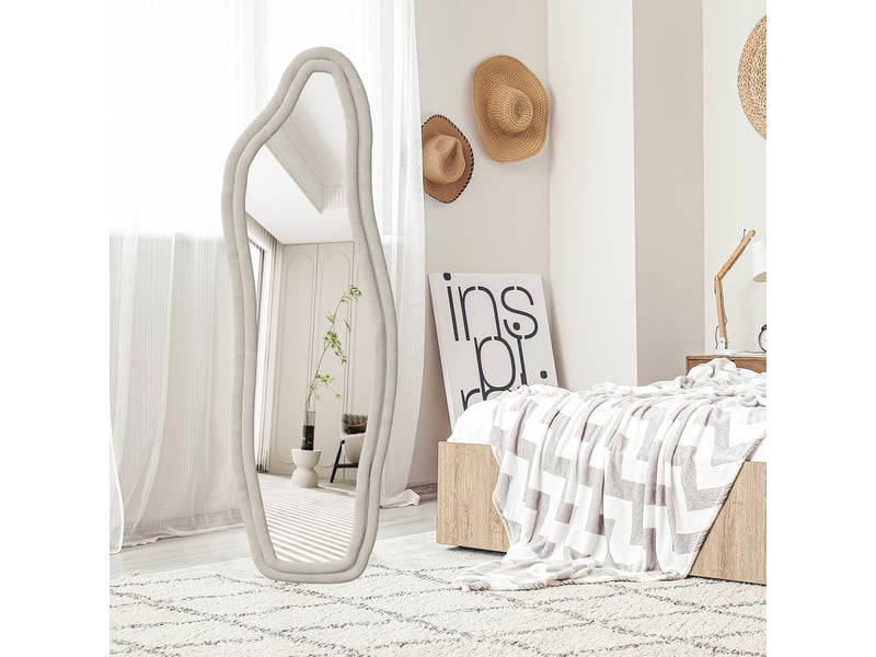  Miroir sur pied - 160 x 50 cm - blanc - miroir asymétrique grand format design dauphin, cadre en veloursflanelle, style artistique et romantique  - Conforama E