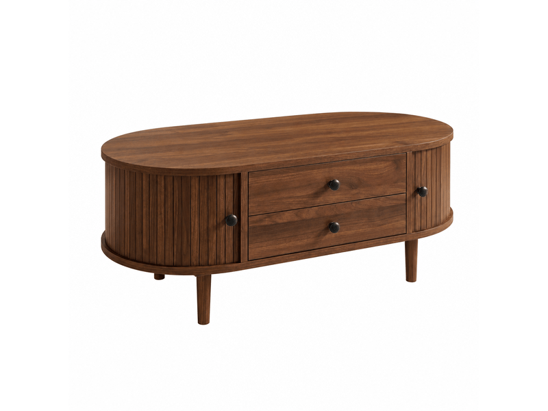  Table basse ovale en mdf avec portes coulissantes à lattes verticales et 2 tiroirs  - Conforama A