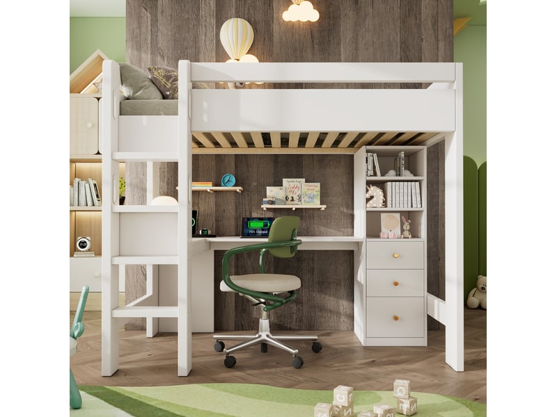  Lit mezzanine enfant 90 x 200 cm blanc avec bureau en l, rangements et ports usbtype-c  - Conforama B