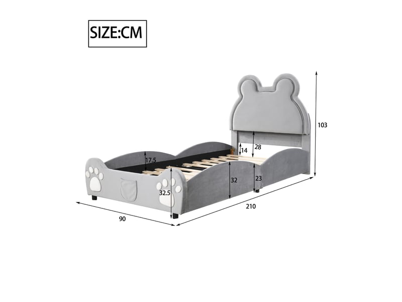  Lit enfant rembourré en forme d’ours 90 x 200 cm, revêtement velours, gris Fay Lum - Conforama C