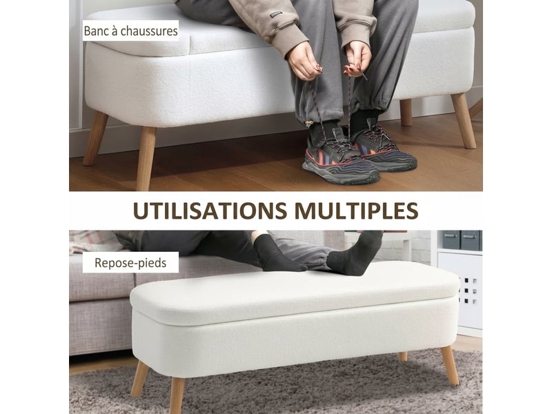  Banc de rangement blanc crème 120 cm avec coffre 65 l, tissu polaire et pieds en bois  - Conforama D