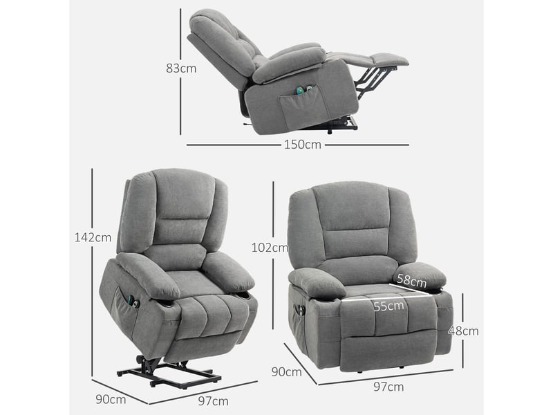  Fauteuil relax électrique avec aide au lever, massage, chauffage et poche latérale en polyester gris foncé  - Conforama B