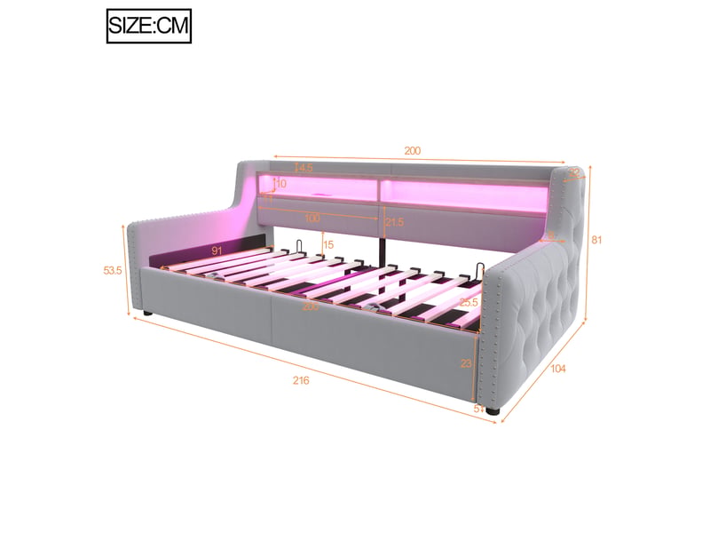  Canapé-lit rembourré 90 x 200 cm, coloris gris clair, relevage hydraulique, éclairage led, prises et sommier.  - Conforama B