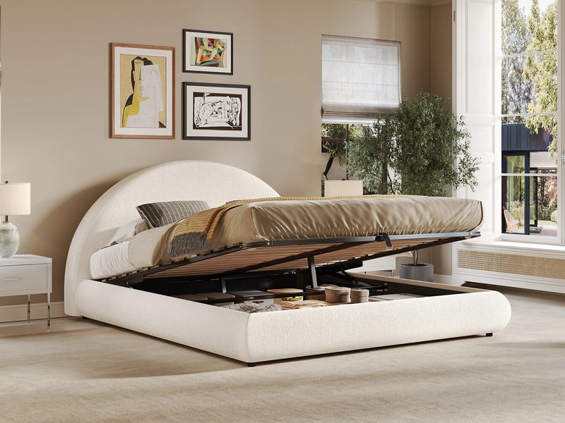  Lit coffre double 160 x200 cm avec grand espace de rangement , sommier à lattes, revêtement en bouclé,blanc  - Conforama B