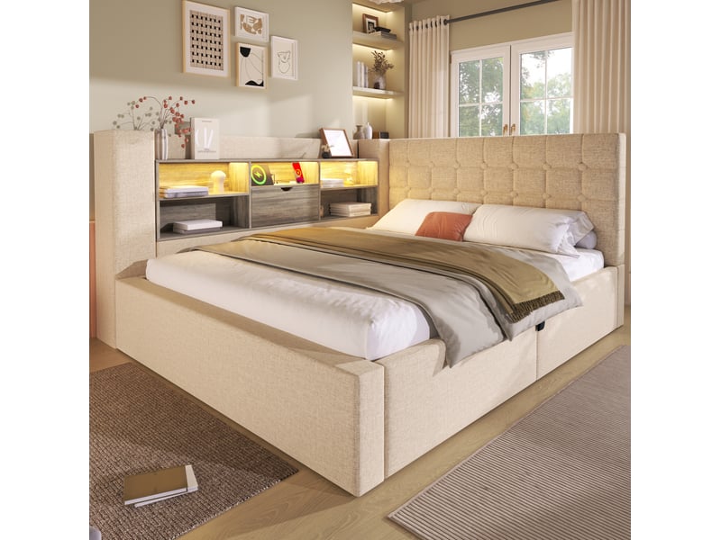  Lit double 140x190 cm avec rangement hydraulique, led et tête de lit en lin beige  - Conforama E