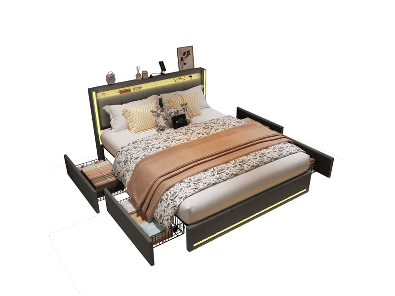  Lit 140 x 190 avec sommier,lit double 140 x 190, 4 tiroirs de rangement, bandeau led port usb, revêtement tissu lin, gris  - Conforama A