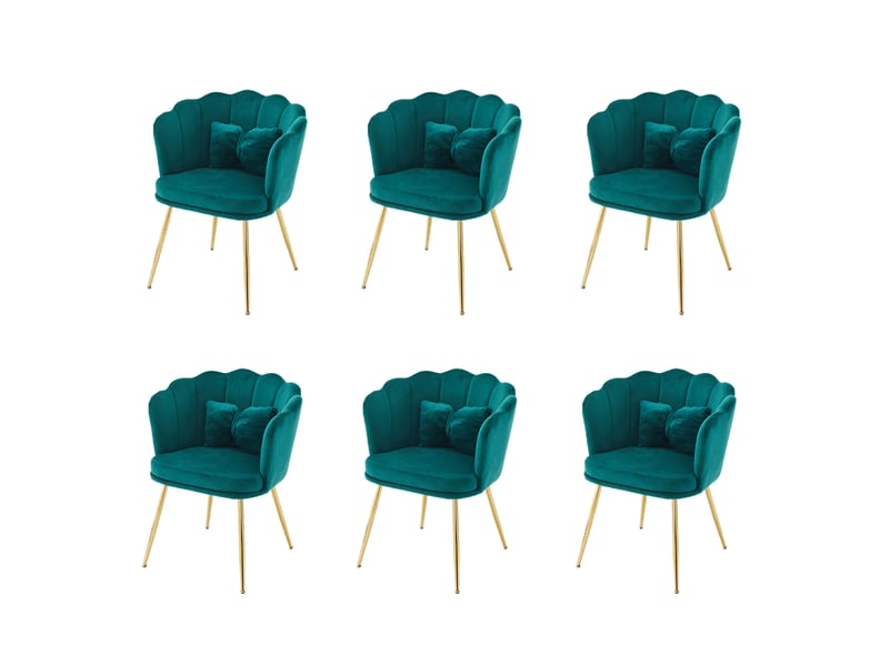  Lot de 6 fauteuils design 63x58x77 cm, dossier pétale, coussins, velours et pieds en métal doré, vert  - Conforama A