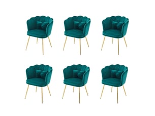 Lot de 6 fauteuils design 63x58x77 cm, dossier pétale, coussins, velours et pieds en métal doré, vert
