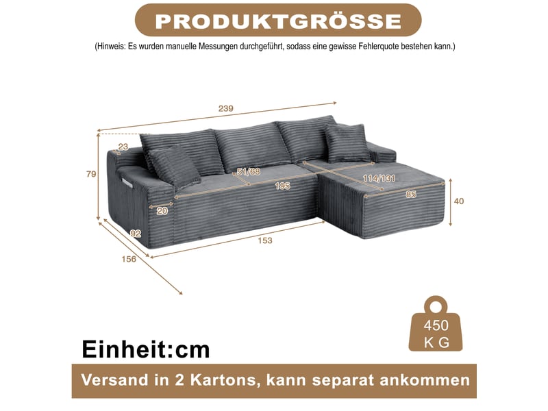  Canapé d’angle modulable 4 places en velours côtelé gris, 239x156x79 cm  - Conforama C