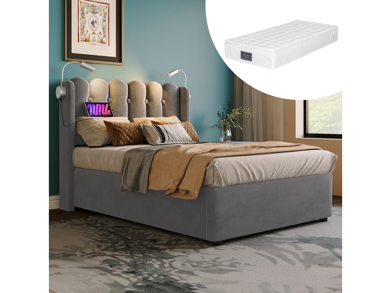  Lit simple coffre 90x200 cm - lit capitonné avec charge usb et lampe led - velours - avec matelas - gris  - Conforama B