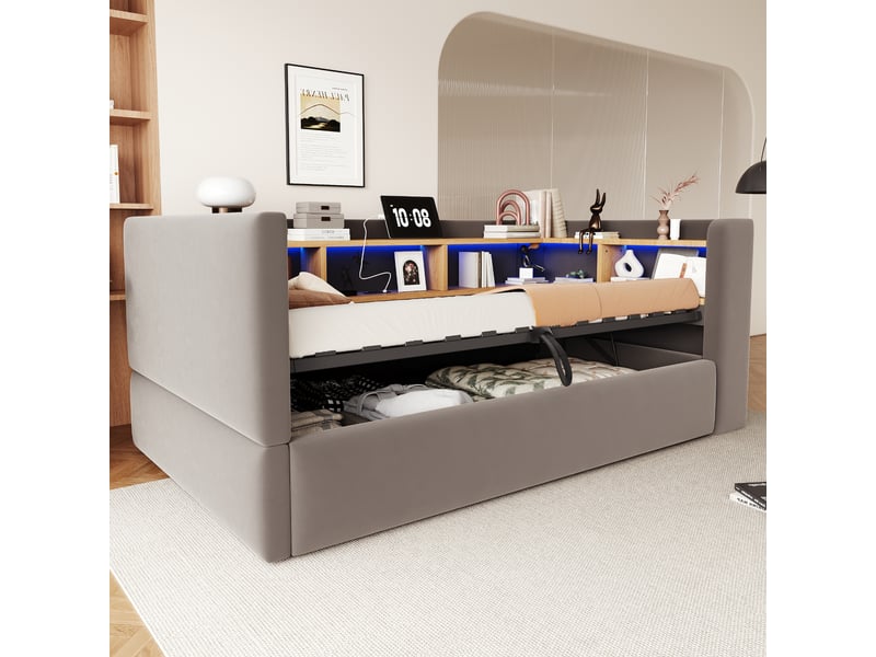  Canapé-lit 90x190 cm, lit enfant, couchage d'appoint, rangement hydraulique, gris foncé, led  - Conforama C