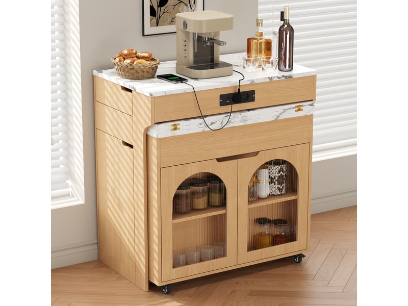 Desserte de cuisine extensible avec 2 tiroirs et roulettes, 55–153×80×93 cm, finition naturelle  - Conforama D