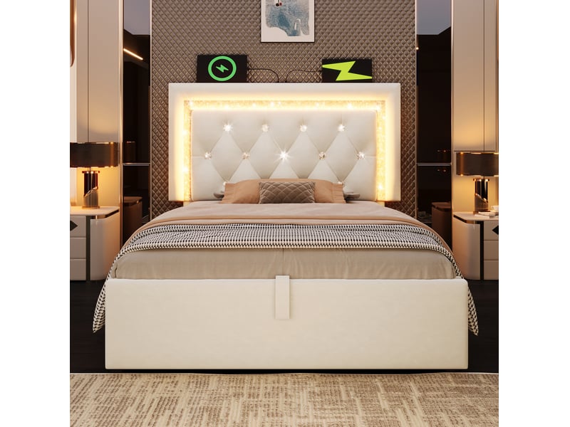Lit simple enfant 90x200 cm – beige – coffre hydraulique, led, usbtype-c et matelas h3 25 cm inclus - Conforama B
