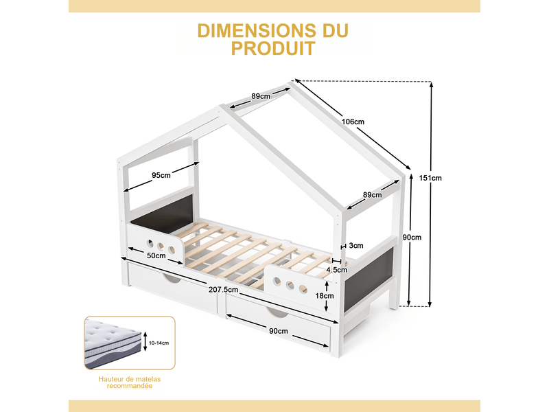  Lit cabane enfant blanc 90x200 cm en bois, 2 tiroirs intégrés, tableaux latéraux, charge 120 kg  - Conforama C