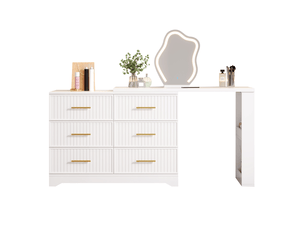 Coiffeuse d'angle blanche avec miroir led 3 couleurs, table de maquillage modulable en l avec tiroirs, 110cm
