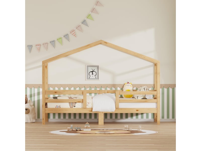  Lit cabane 90x200cm - lit enfant en pin massif avec structure toit, barrière de sécurité &amp; sommier - bois naturel  - Conforama B