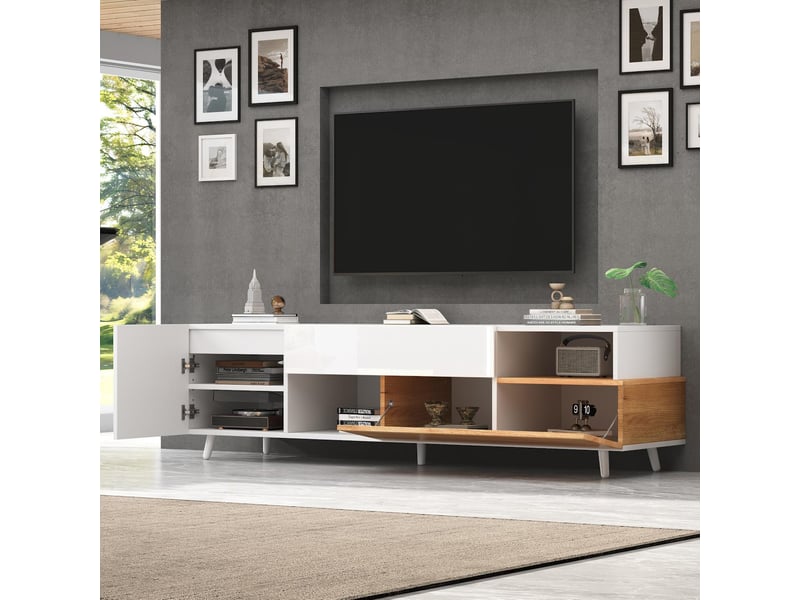  Meuble tv avec rangements en panneau de particules blanc et bois 180x38x50 cm - pangivo  - Conforama B