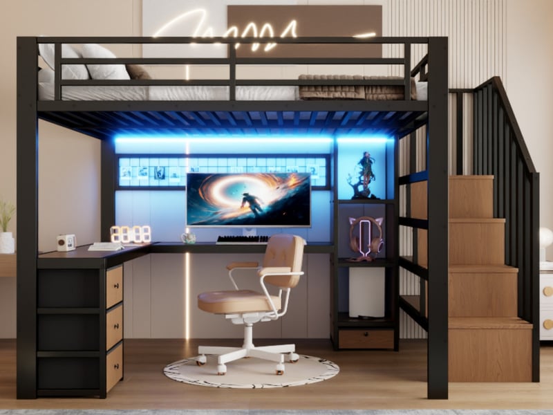 Lit mezzanine, 140 x 200 cm, lit en fer avec étagère, 4 tiroirs et bande lumineuse led, sans matelas, noir  - Conforama B