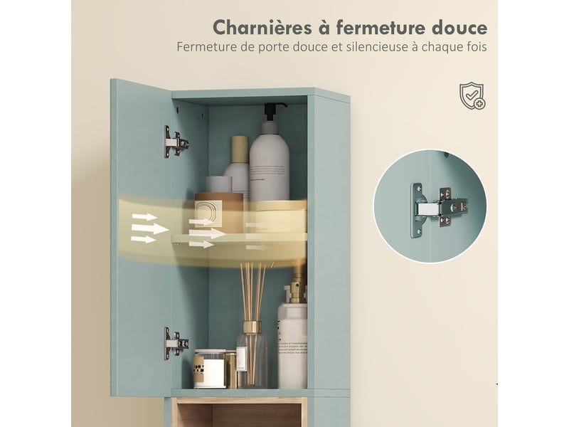  Meuble colonne salle de bain, meuble de rangement, 2 portes, 30x24x140cm, compartiment et étagères réglables, vert  - Conforama R