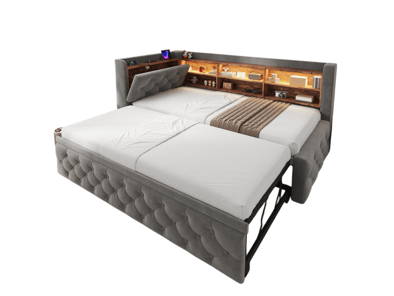Lit banquette 90x190 cm, led, usb-c, canapé-lit extensible, accoudoir coffre, tête de lit étagère, sommier, velours, gris foncé Seren Glow - Conforama A