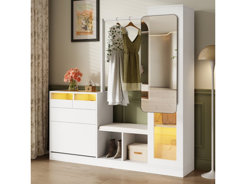  Ensemble d’entrée 6-en-1: vestiaire, coiffeuse avec penderie, banc et casier pliable, vitrine en verre, led rgb  - Conforama D