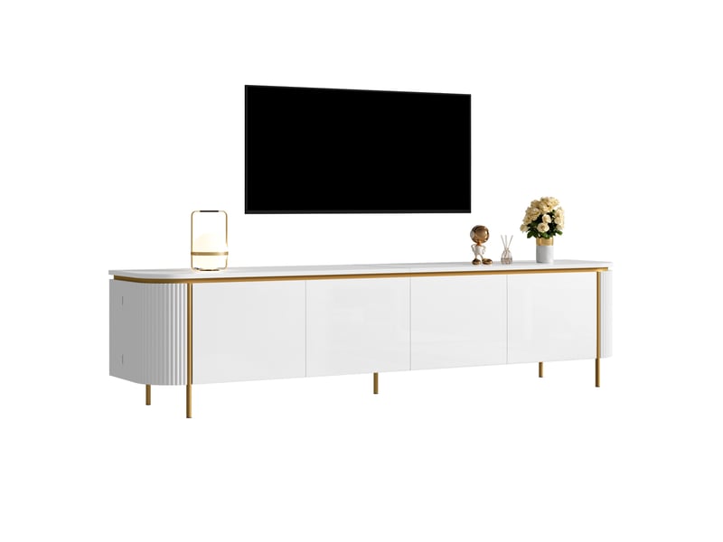  Meuble tv bas l180 cm, mdf et pieds en métal robuste, avec 6 portes, effet cannelé, relief, angles arrondis et passe-câbles, blanc  - Conforama A