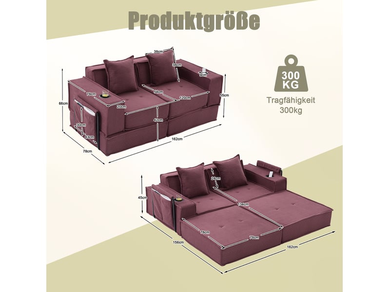 Canapé droit convertible 2 places en velours côtelé rouge bordeaux, modulaire avec rangements latéraux  - Conforama C