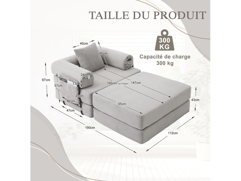  Fauteuil modulable 1 place avec pouf en velours côtelé gris clair - 112 x 190 x 67 cm  - Conforama E