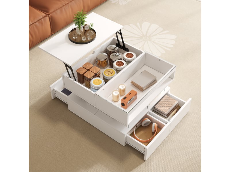  Table basse relevable rectangulaire blanc - 67x70 cm led panneau de particules table basse blanc - Conforama E