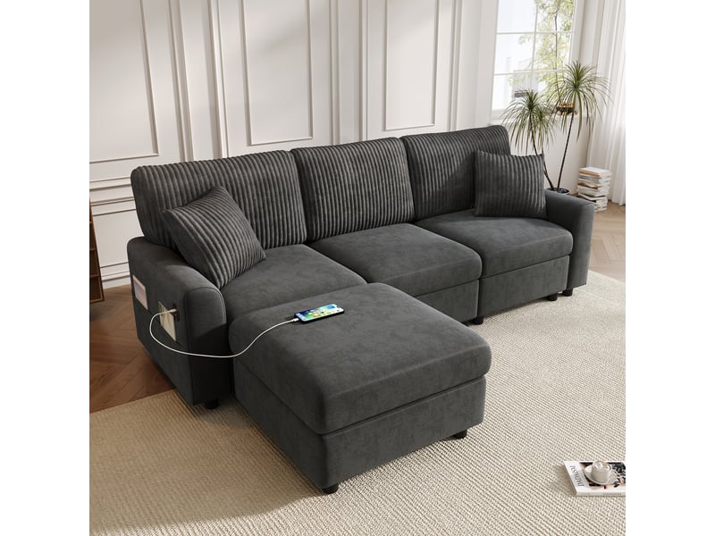  Canapé d’angle 4 places 223x146x84 cm avec pouf, 2 coussins carrés, usb et type-c pour salon, chenille et velours côtelé, noir Sol Morn - Conforama B