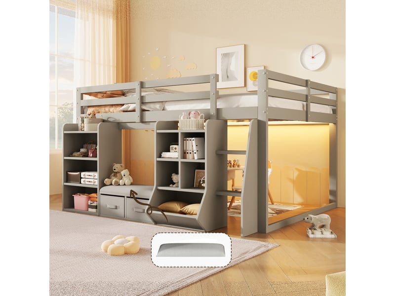 Lit mi-hauteur 140x200 cm avec étagères et 2 tiroirs en tissu, lit enfant avec coin lecture et coussin d'assise, gain de place en pin et mdf gris - Conforama D