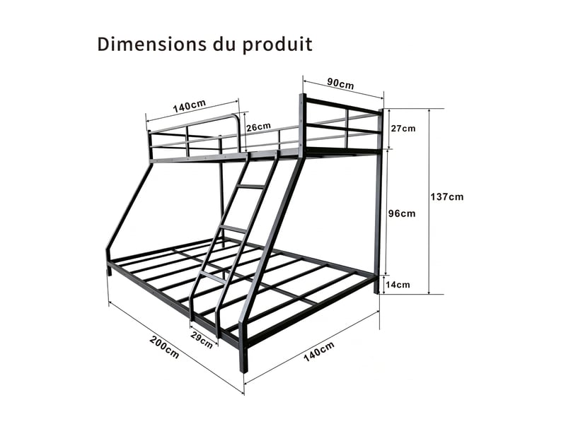  Lit superposé métal 3 places adulte noir, double couchage bas 190x130 cm et lit simple haut 190x80 cm, cadre robuste  - Conforama C