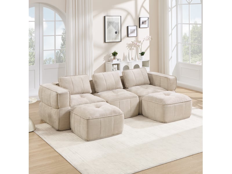  Canapé modulaire en u 3 places avec 2 poufs, assise profonde et mousse 32d, en polyester beige, 271 × 162 × 67 cm  - Conforama B