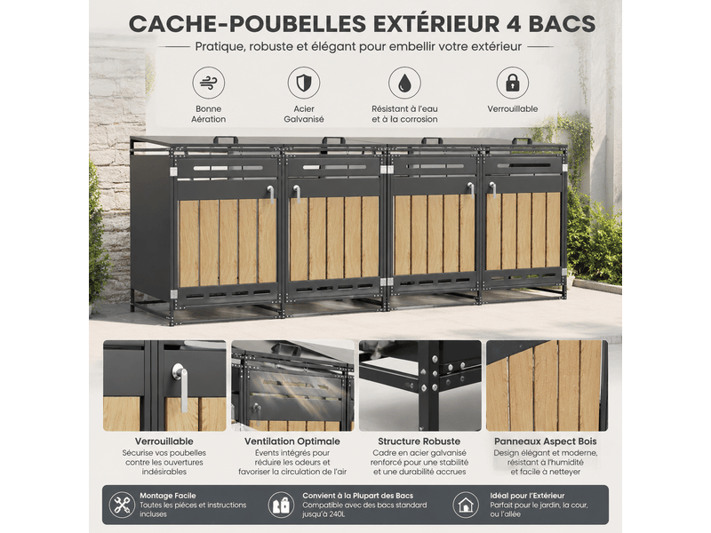 Lot de 4 coffres de jardin en fer avec couvercle hydraulique bardage aspect bois vertical ventilation à fentes longues et serrure - Conforama D