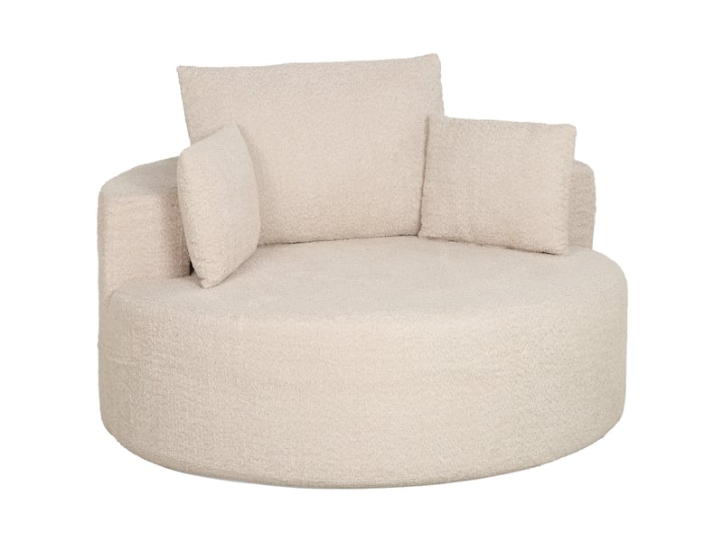  Pouf canapé rond en chenille, grande assise, 2 coussins, 1 dossier, 1 traversin, 130x130x82cm, charge 250kg, crème  - Conforama A