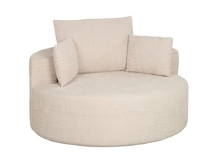 Pouf canapé rond en chenille, grande assise, 2 coussins, 1 dossier, 1 traversin, 130x130x82cm, charge 250kg, crème