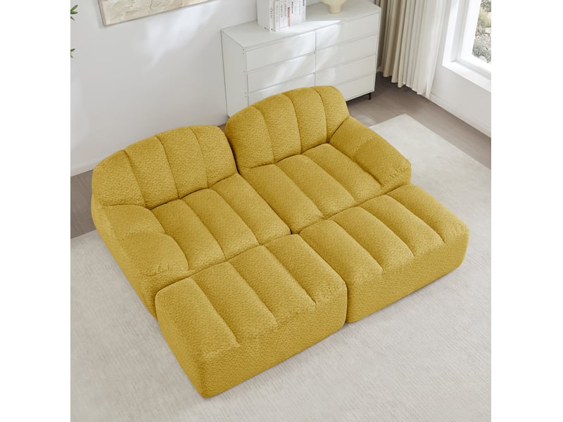 Canapé modulaire 2 places jaune en tissu bouclette avec 2 ottomans, mousse 32d et modules antidérapants pour salon - Conforama E