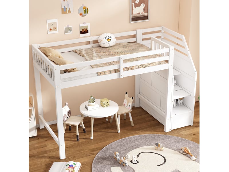  Lit mezzanine enfant 90x200 cm blanc avec escalier de rangement et sommier  - Conforama D