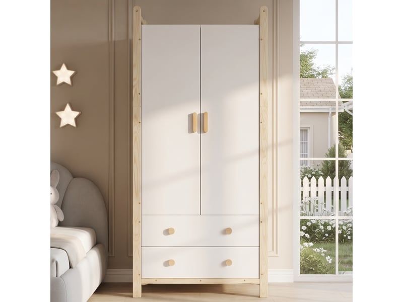  Armoire penderie 2 portes et 2 tiroirs, cadre pin, blanc et naturel, 90 x 45 x 180 cm  - Conforama B