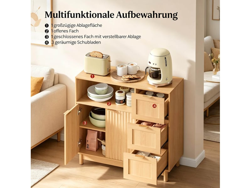  Buffet bas 90 x 35 x 80 cm – bois clair – 2 portes, 3 tiroirs et rangement modulable pour salon et cuisine  - Conforama E