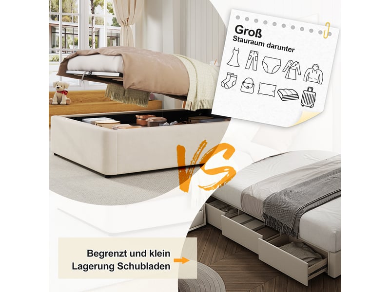 Lit coffre enfant rembourré 90x200 cm, rangement hydraulique, tête de lit rembourrée, sommier à lattes, velours, beige OMNIGLINT TRADING LTD - Conforama E