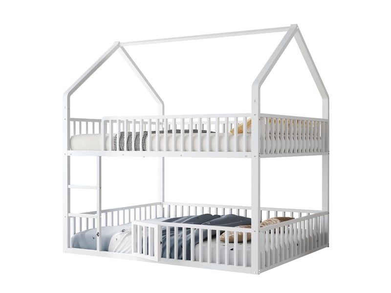 Lit superposé enfant 140x200 cm en métal blanc avec échelle et barrières - Conforama A