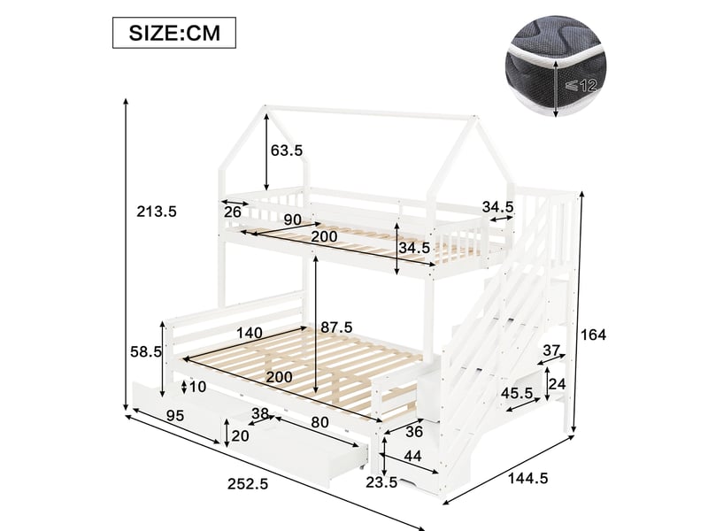  Modenvie lit superposé enfant 90x200 cm et 140x200 cm - avec rangement, design cabane, sans matelas - blanc  - Conforama C