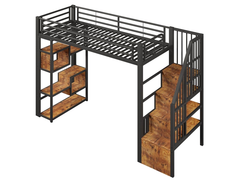 Lit mezzanine enfant 1 place 90 × 200 cm avec led réglable, étagères et marches, sans matelas, métal mdf noir - Conforama E
